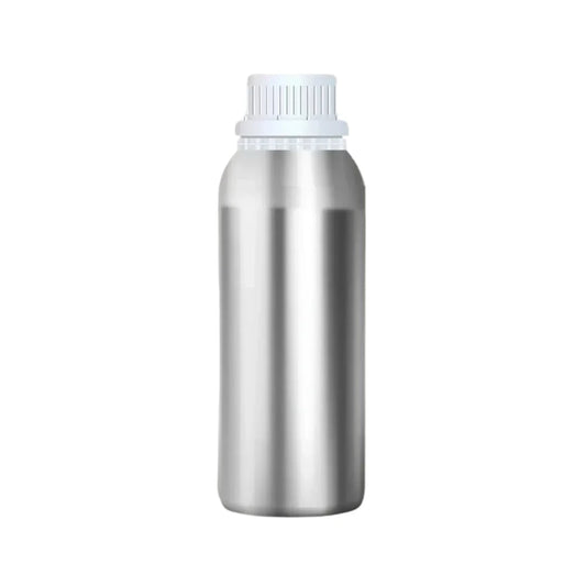 A silver metal bottle with a white cap.